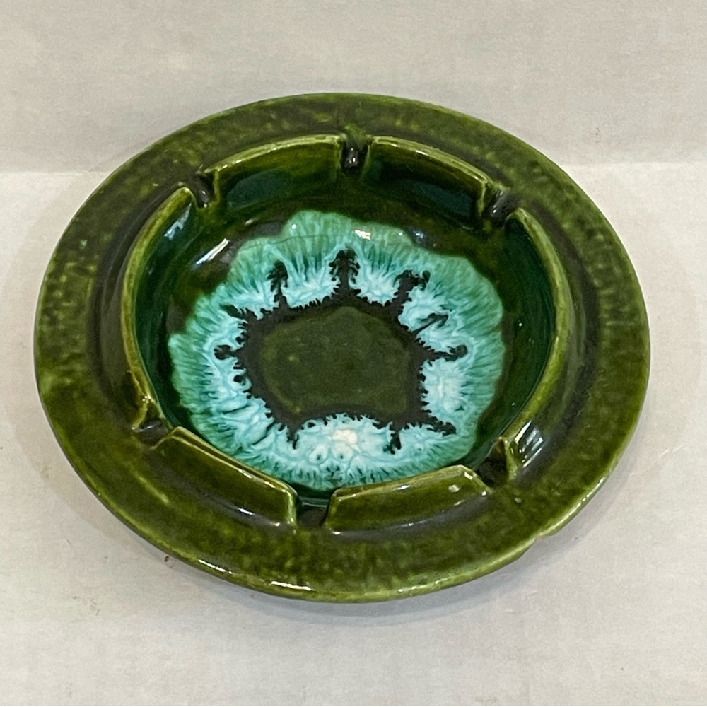 VTG 70s Maurice of California USA Green Drip Glaze Pottery Ashtray MCM